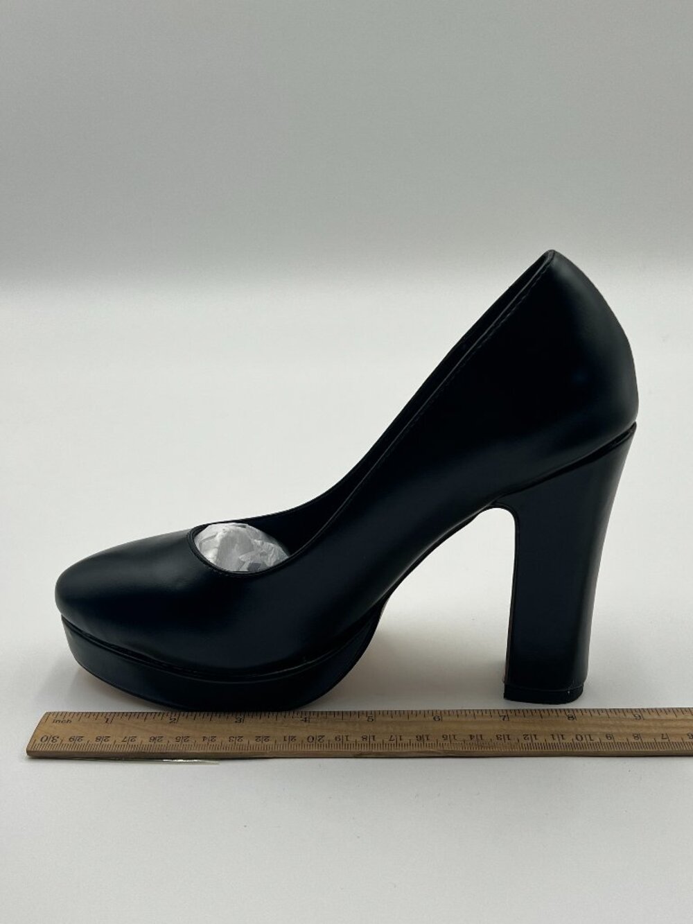 miss left Black Almond Toe Pumps Platform Chunky High Heel Slip on Party Shoes